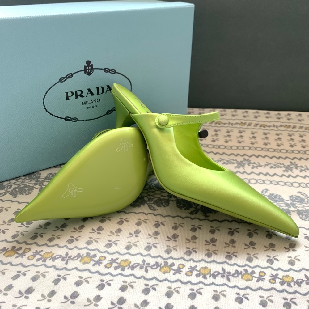 PRADA Lime Green Satin Pointed Toe Slingback Mules - Picture 4 of 4